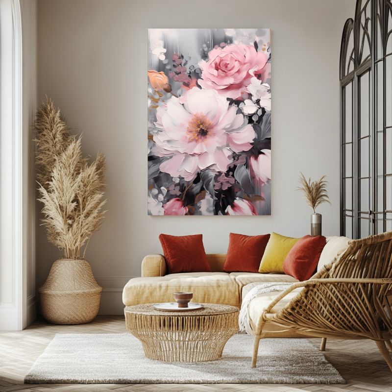 Tableau Fleur Rose et Gris