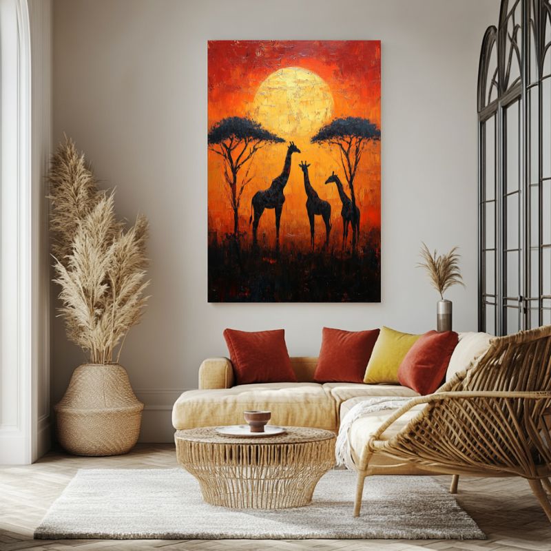 Tableau_africain_girafe_coucher-soleil