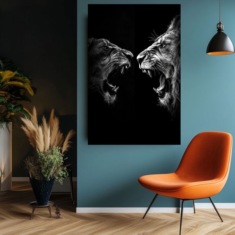 Tableau_lion_et_lionne_rugissant_noir-blanc