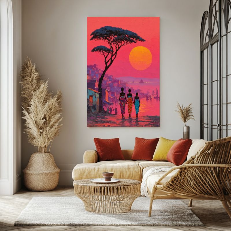 Tableau_village_africain_coucher-soleil