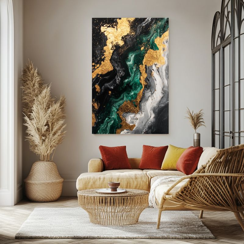 tableau_abstrait_vert_et_or_coulees_fluides
