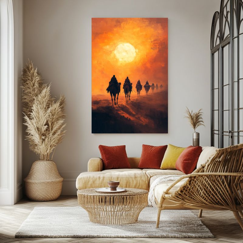 tableau_chameau_desert_caravane_dunes