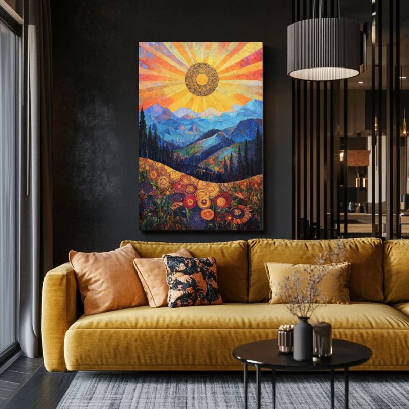 tableau_coucher_de_soleil_montagne_fleurs