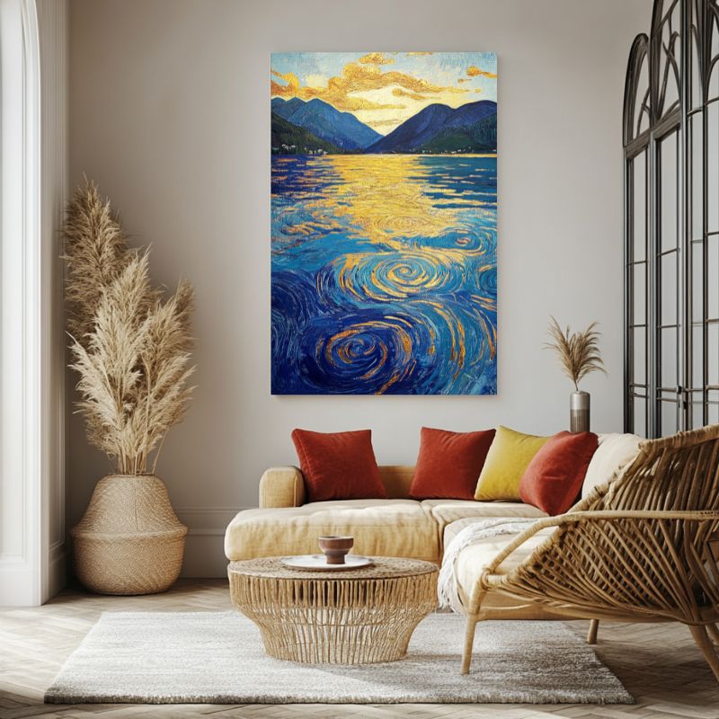 tableau_lac_montagne_reflets_dores