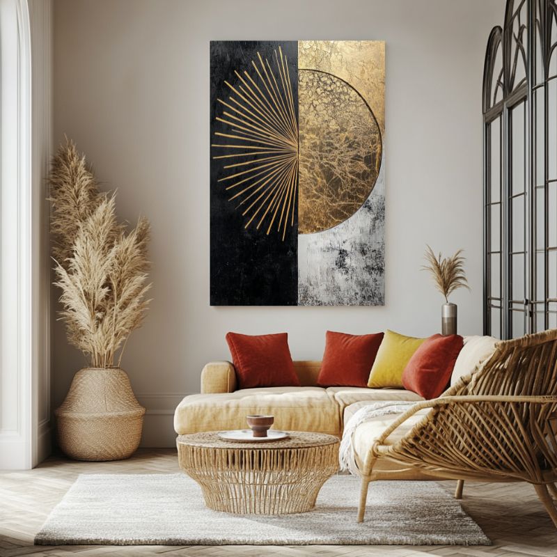 tableau_moderne_abstrait_soleil_dore_geometrique