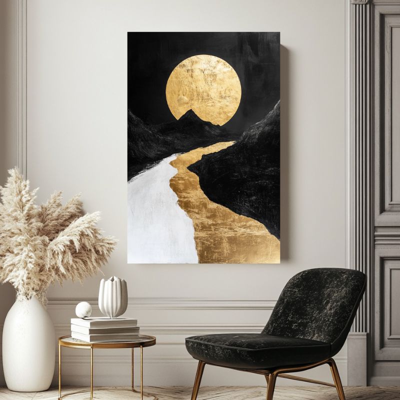tableau moderne paysage lune dorée