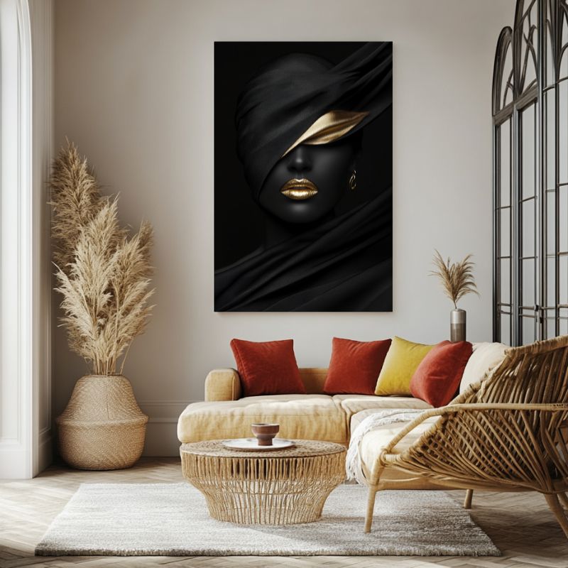 tableau_moderne_salon_portrait_noir_et_or
