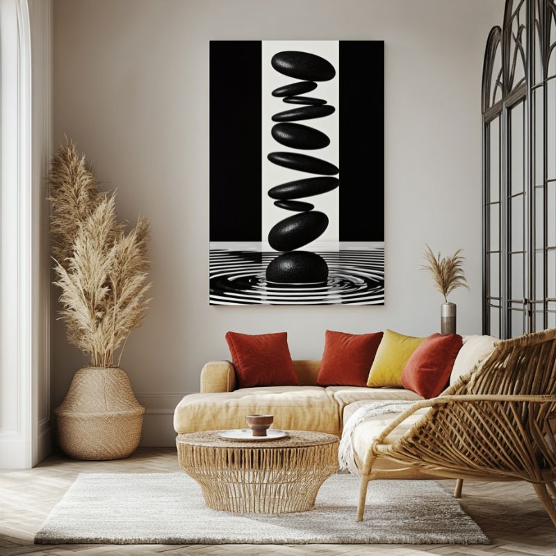 tableau_noir_et_blanc_zen_galets_empiles