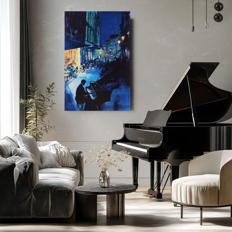 Tableau Piano Mélodie Bleue d'une Nuit Urbaine