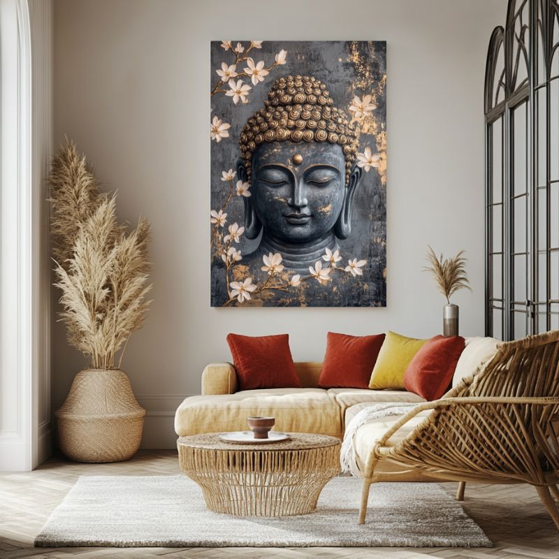 Tableau_Bouddha_gris_fleurs
