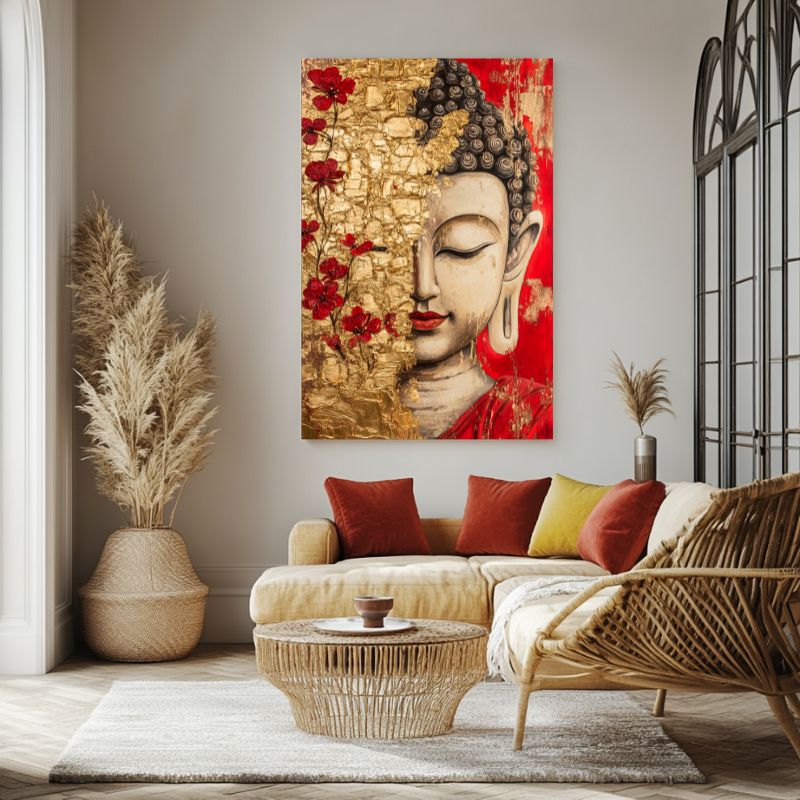 Tableau_Bouddha_rouge_fleurs