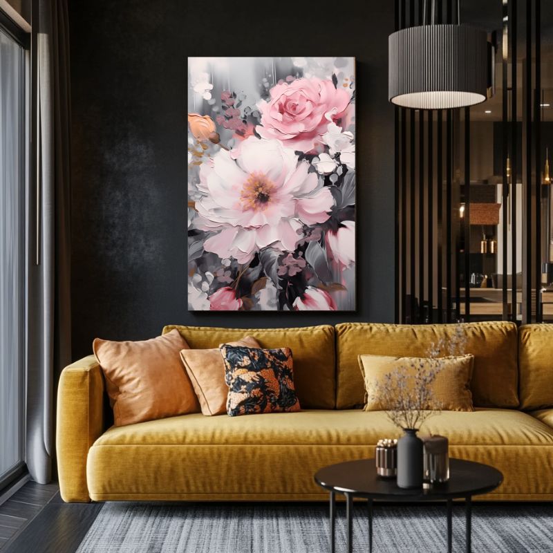 Tableau Fleur Rose et Gris