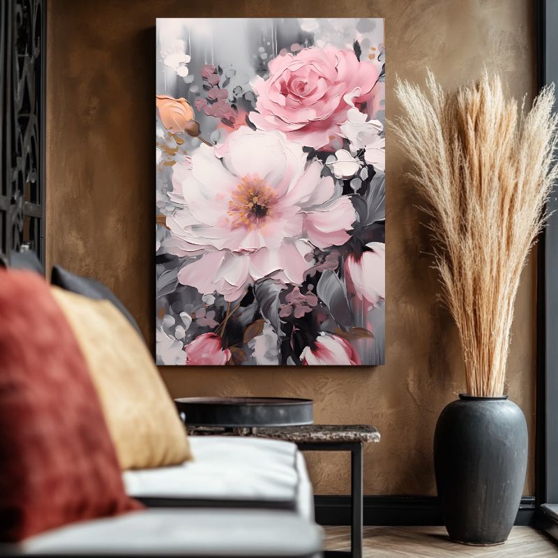 Tableau Fleur Rose et Gris