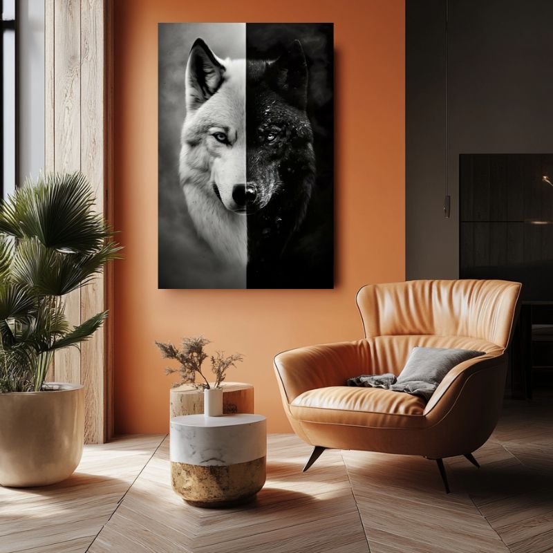 Tableau Mural Toile 120x60 Cm - Deux Loups Noir Et Blanc - Photo Animaux Sauvages - Prêt à Accrocher - 4