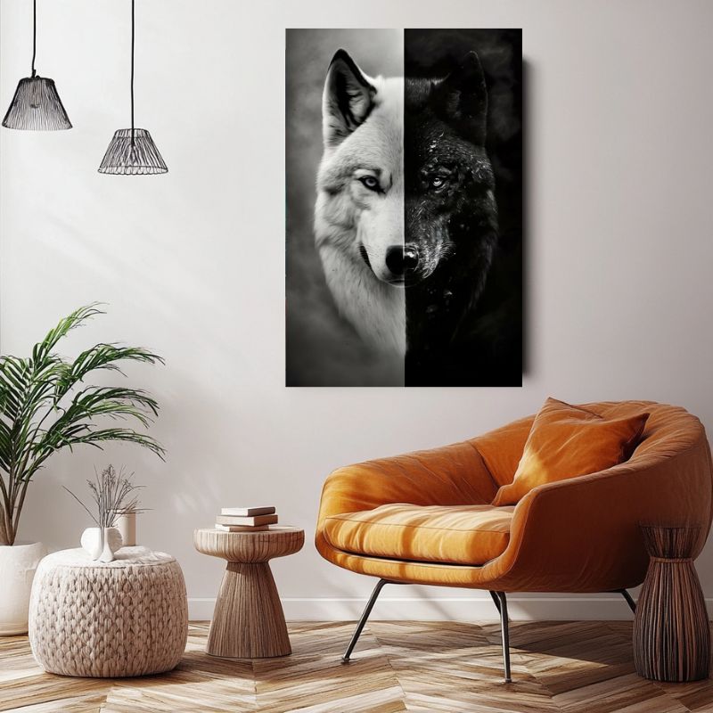 Tableau Mural Toile 120x60 Cm - Deux Loups Noir Et Blanc - Photo Animaux Sauvages - Prêt à Accrocher - 9