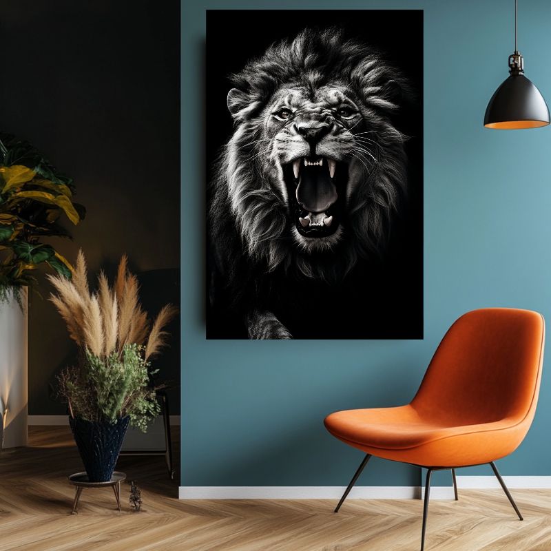 Tableau_lion_qui_rugit_noir-blanc