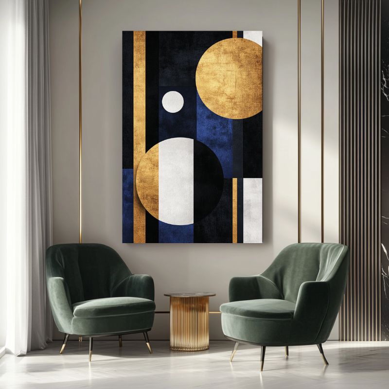 tableau abstrait bleu nuit cercles dores