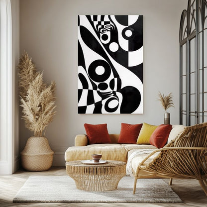 tableau_abstrait_noir_et_blanc_vintage_geometrique