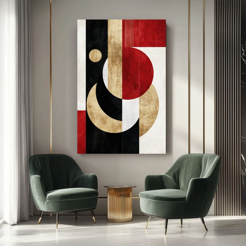 tableau abstrait rouge et noir géométrique
