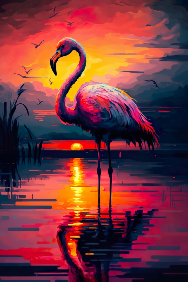 Tableau Flamant Rose Coucher de Soleil